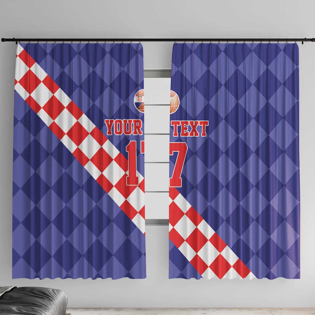 Custom basketball window curtains, blue with red-and-white diamond diagonal stripe and No.17