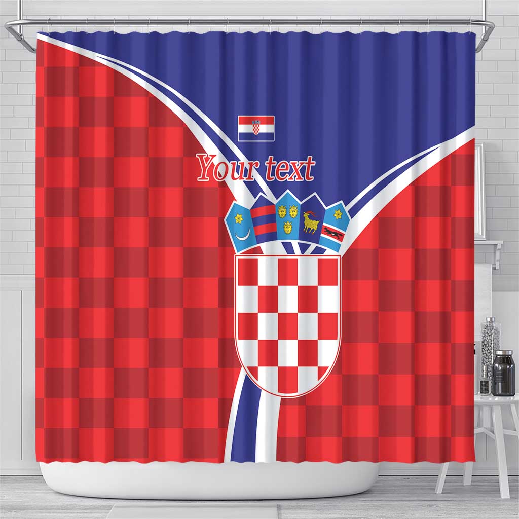 Red and blue checkered shower curtain featuring Croatia crest shield and 'Your text'