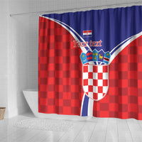 Red and blue checkered shower curtain with large Croatia crest and 'Your text' 