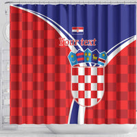 Red and blue checkered shower curtain with Croatia crest shield and 'Your text' design