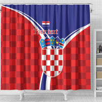 Red and blue checkered shower curtain with Croatia crest shield and 'Your text' centered