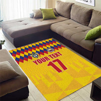 Yellow retro football area rug showing crest, YOUR TEXT, and large 17 with check border