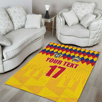 Yellow retro football area rug with checkered top, YOUR TEXT, and large 17 design