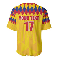 Yellow baseball jersey with red-blue diamond yoke, 'YOUR TEXT' and number 17