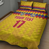 Yellow quilt bed set with “YOUR TEXT” and 11, blue-and-red diamond pattern accents