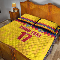 Yellow football quilt bed set with “YOUR TEXT” and 11 on front, matching pillow shams