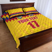 Yellow quilt bed set with blue and red diamond trim, “YOUR TEXT” and large 11