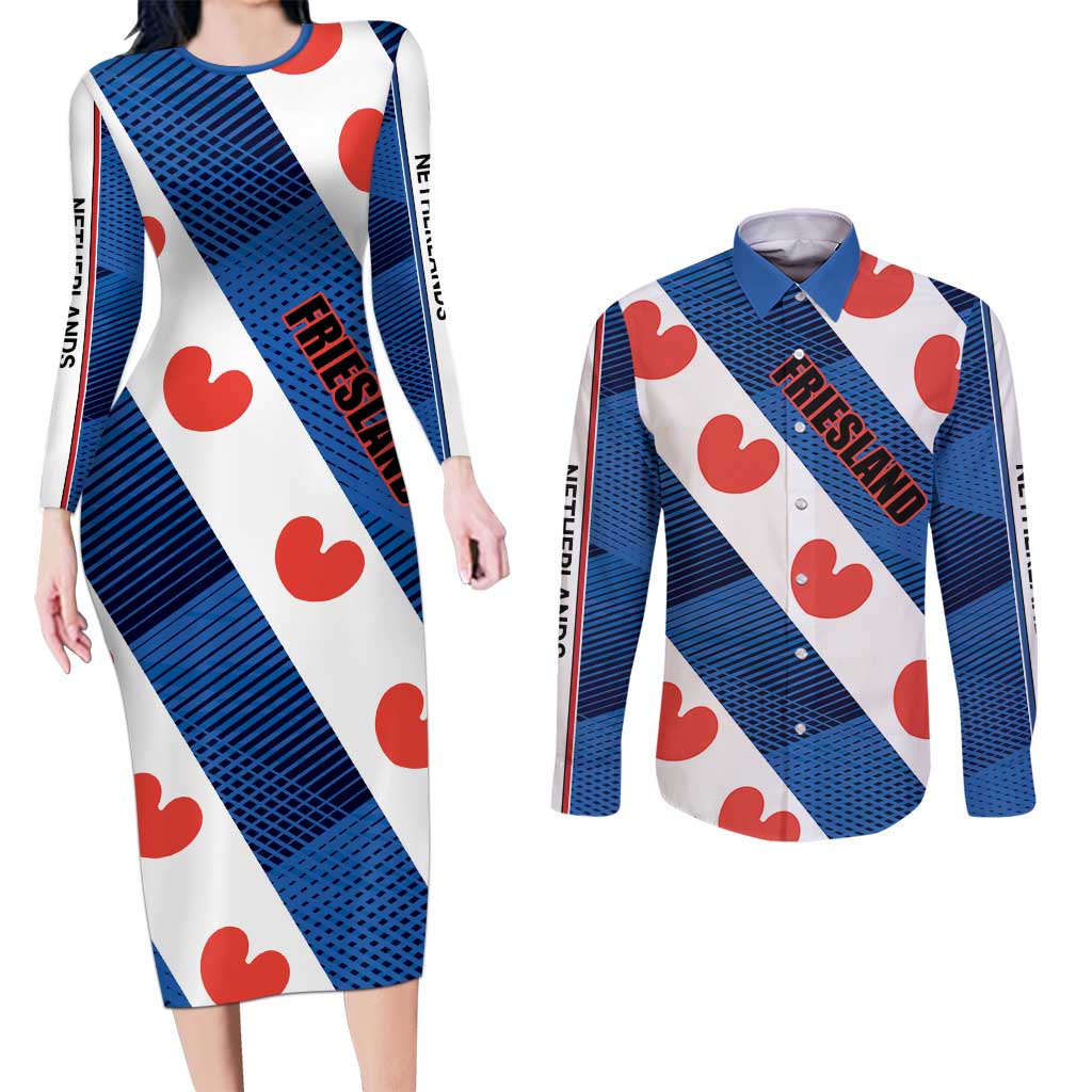 Netherlands Friesland Province Couples Matching Long Sleeve Bodycon Dress and Long Sleeve Button Shirt Flag Style