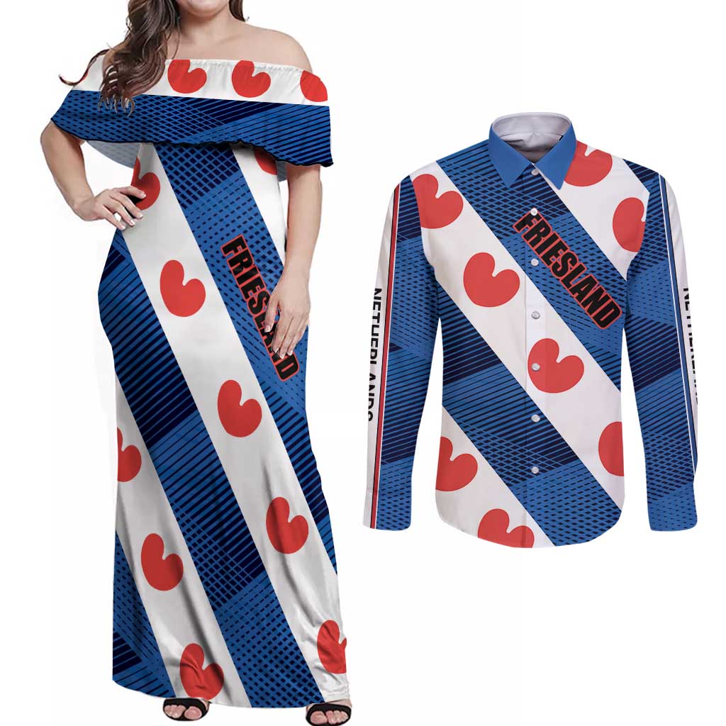 Netherlands Friesland Province Couples Matching Off Shoulder Maxi Dress and Long Sleeve Button Shirt Flag Style