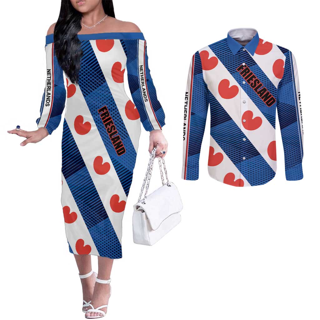 Netherlands Friesland Province Couples Matching Off The Shoulder Long Sleeve Dress and Long Sleeve Button Shirt Flag Style