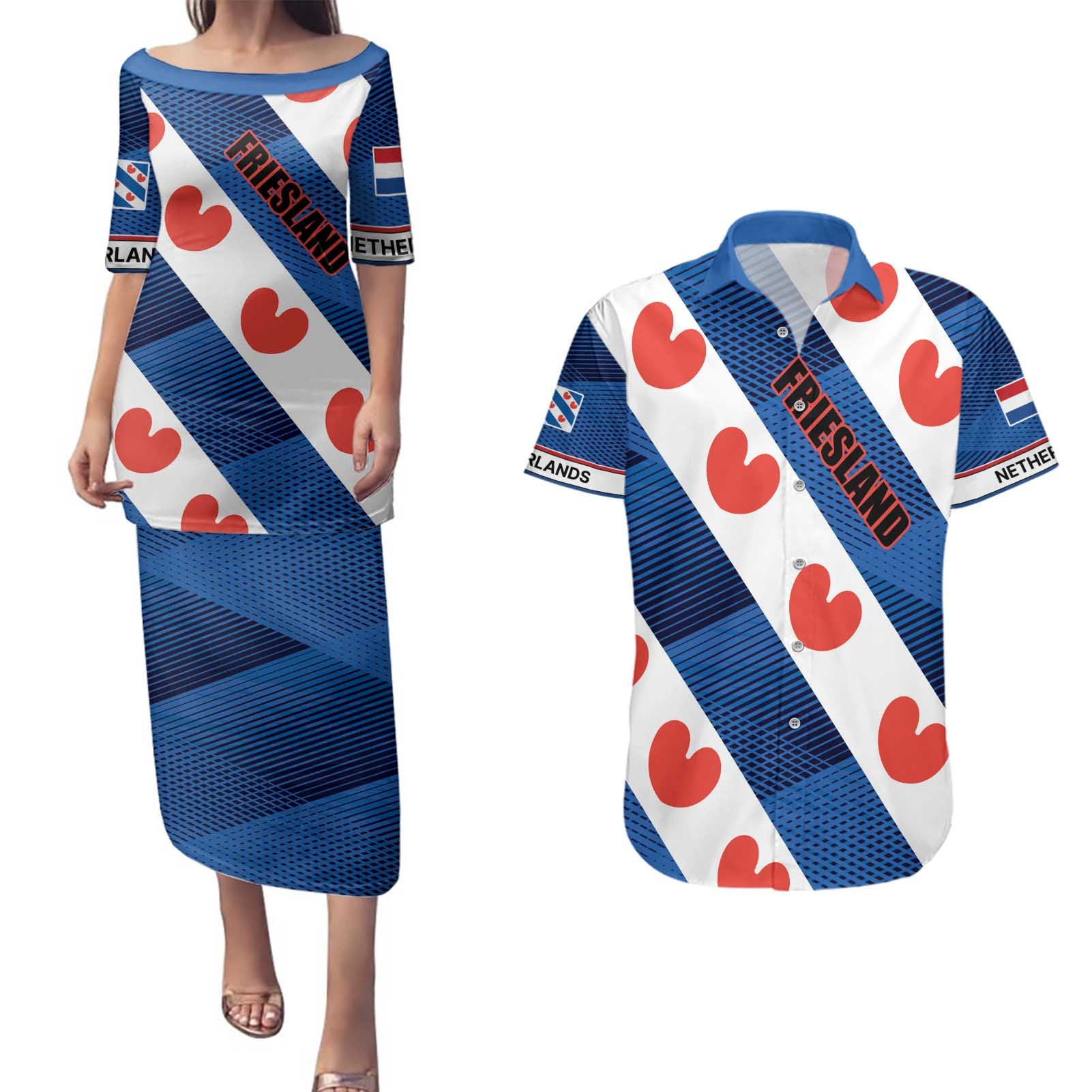 Netherlands Friesland Province Couples Matching Puletasi and Hawaiian Shirt Flag Style