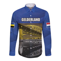 Blue long-sleeve button shirt with GELDERLAND text, bridge photo panel, sleeve flag patches