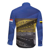 Blue long-sleeve button shirt, back with bridge photo panel and sleeve flag patches