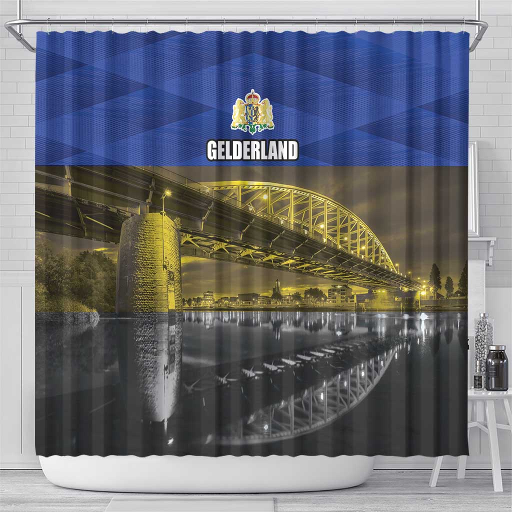 Blue shower curtain with GELDERLAND crest and golden bridge over water photo