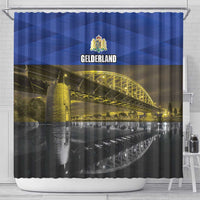 Blue shower curtain with GELDERLAND crest and golden bridge over water photo