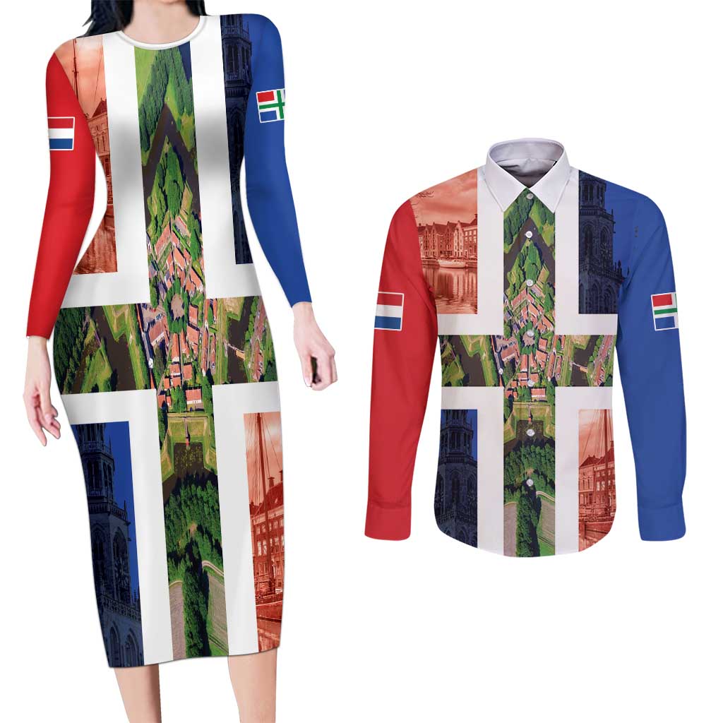 Netherlands Groningen Province Couples Matching Long Sleeve Bodycon Dress and Long Sleeve Button Shirt Flag Style