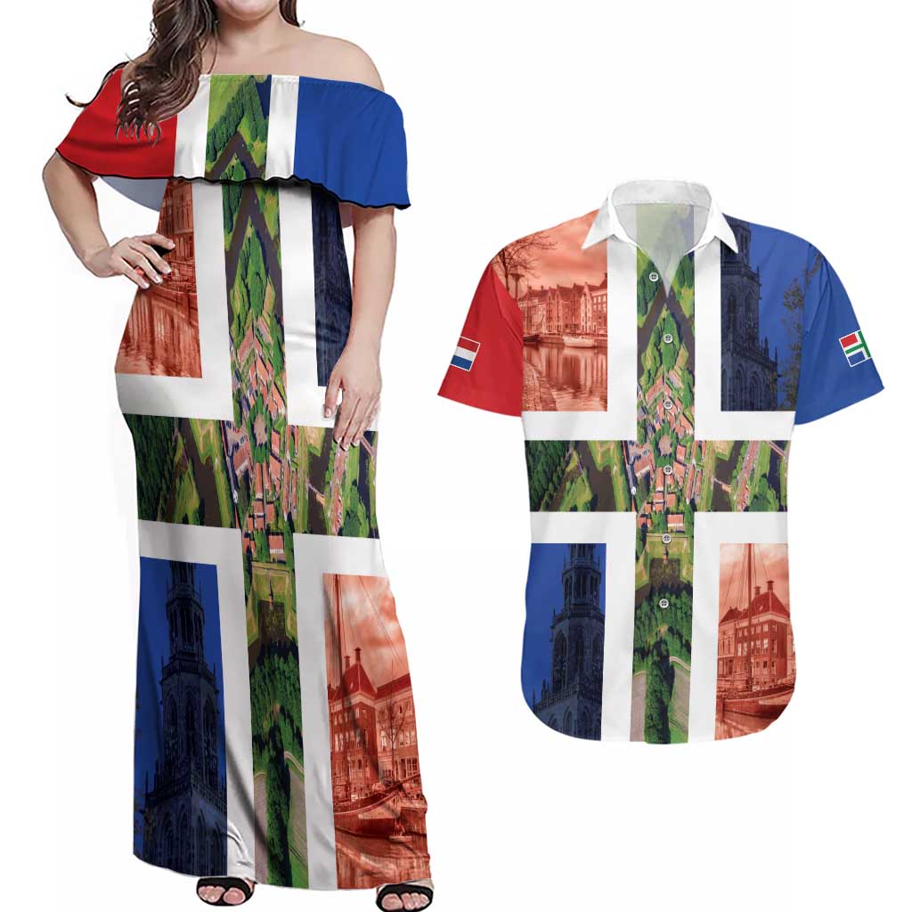 Netherlands Groningen Province Couples Matching Off Shoulder Maxi Dress and Hawaiian Shirt Flag Style