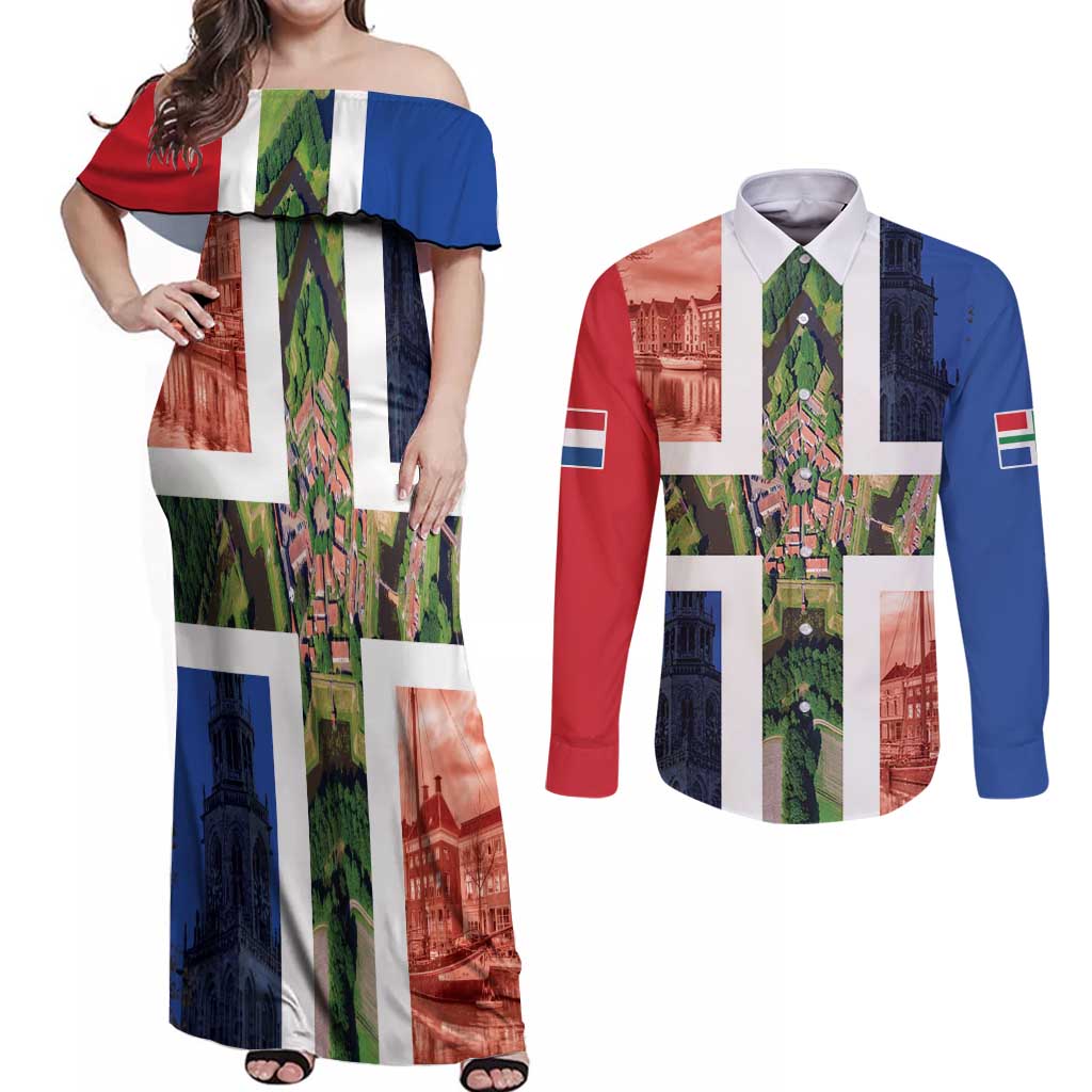 Netherlands Groningen Province Couples Matching Off Shoulder Maxi Dress and Long Sleeve Button Shirt Flag Style