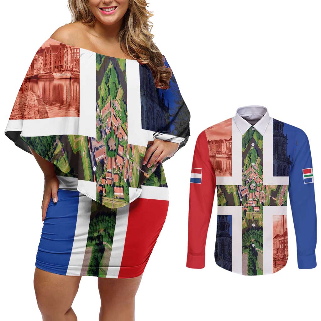 Netherlands Groningen Province Couples Matching Off Shoulder Short Dress and Long Sleeve Button Shirt Flag Style