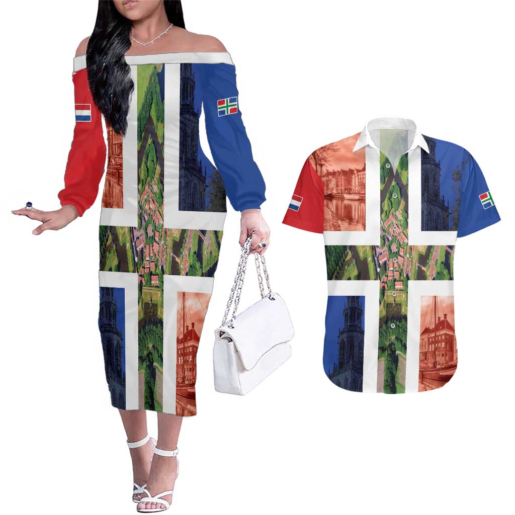 Netherlands Groningen Province Couples Matching Off The Shoulder Long Sleeve Dress and Hawaiian Shirt Flag Style