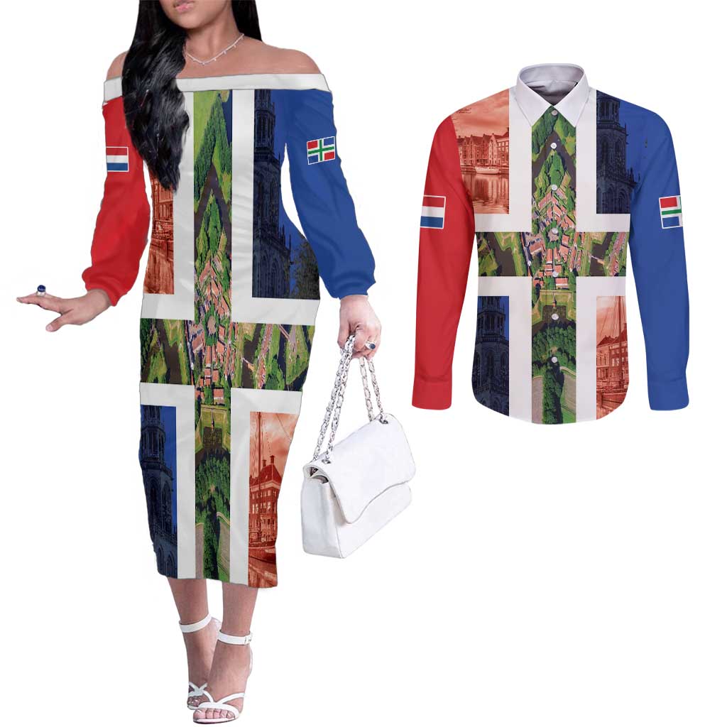 Netherlands Groningen Province Couples Matching Off The Shoulder Long Sleeve Dress and Long Sleeve Button Shirt Flag Style