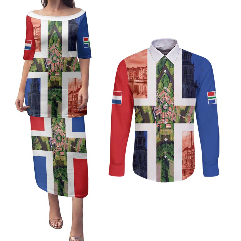 Netherlands Groningen Province Couples Matching Puletasi and Long Sleeve Button Shirt Flag Style