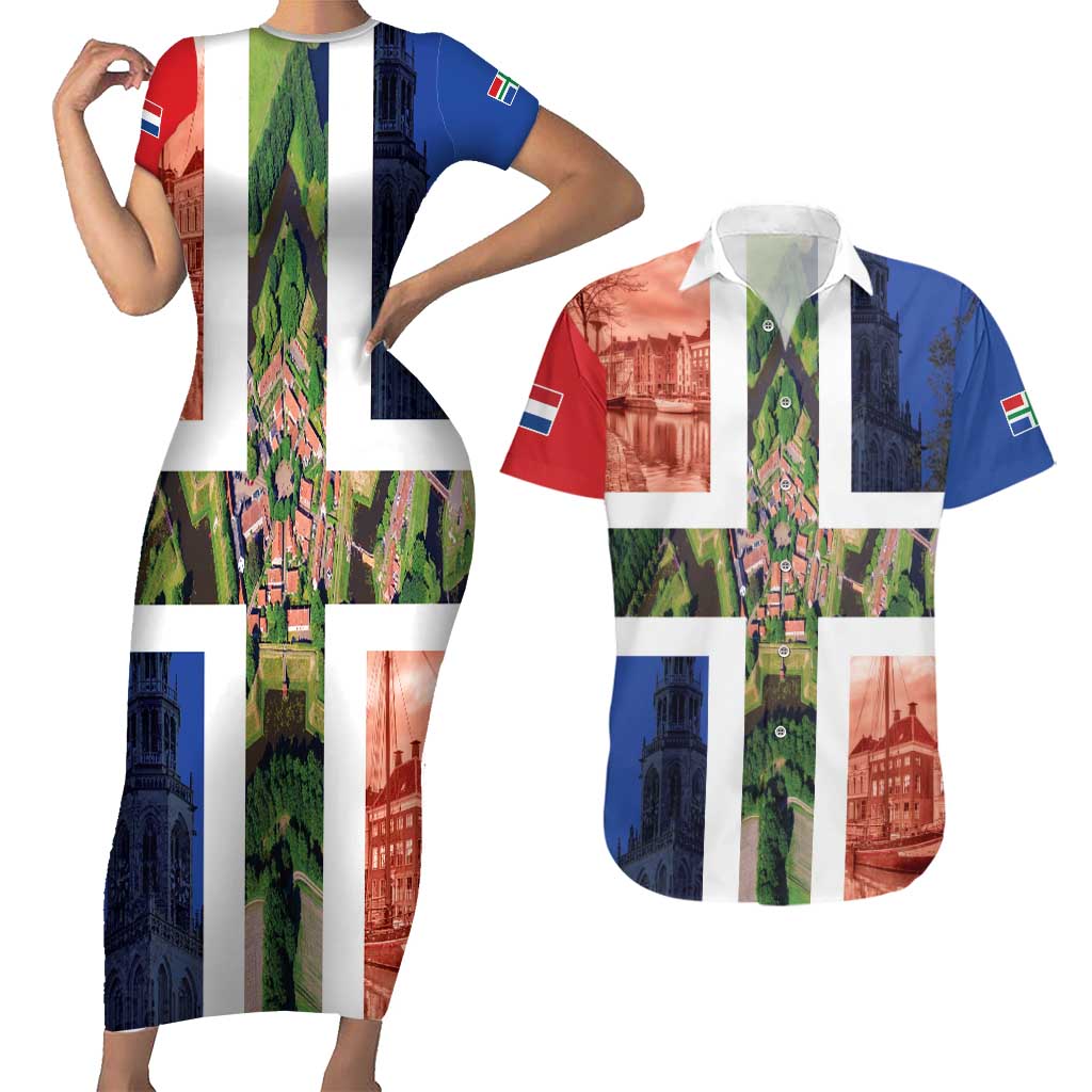 Netherlands Groningen Province Couples Matching Short Sleeve Bodycon Dress and Hawaiian Shirt Flag Style