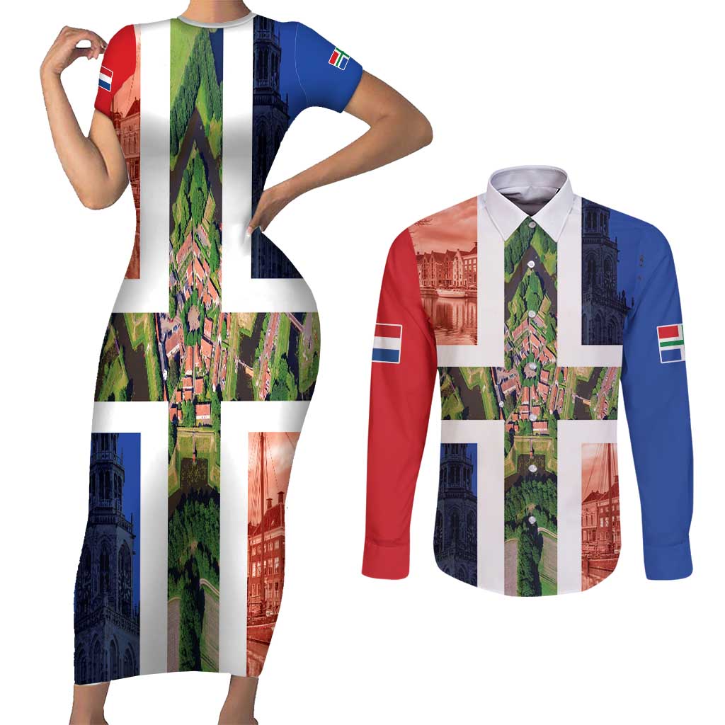 Netherlands Groningen Province Couples Matching Short Sleeve Bodycon Dress and Long Sleeve Button Shirt Flag Style