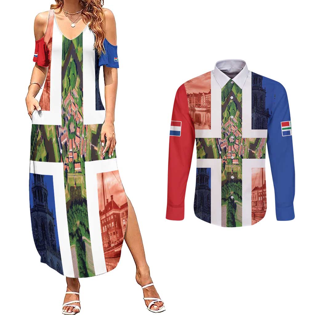 Netherlands Groningen Province Couples Matching Summer Maxi Dress and Long Sleeve Button Shirt Flag Style