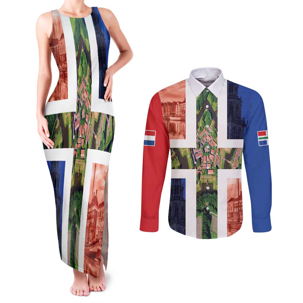 Netherlands Groningen Province Couples Matching Tank Maxi Dress and Long Sleeve Button Shirt Flag Style