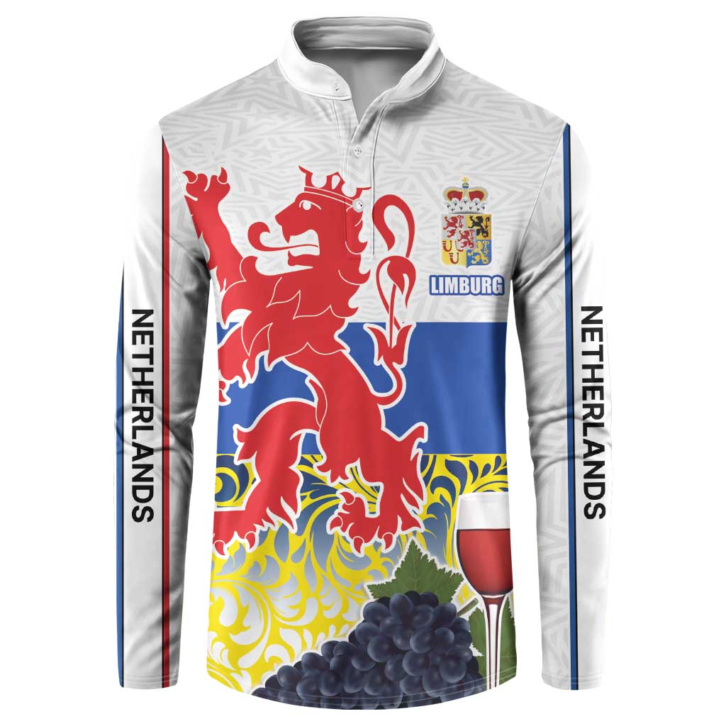 White button sweatshirt with Limburg flag graphic, lion crest, and vertical sleeve text