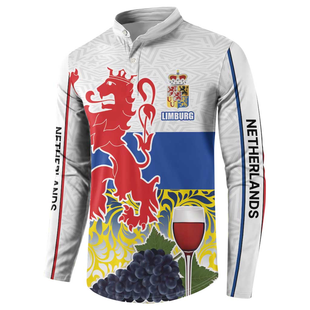 White button sweatshirt with Limburg flag design, lion crest, and vertical sleeve text