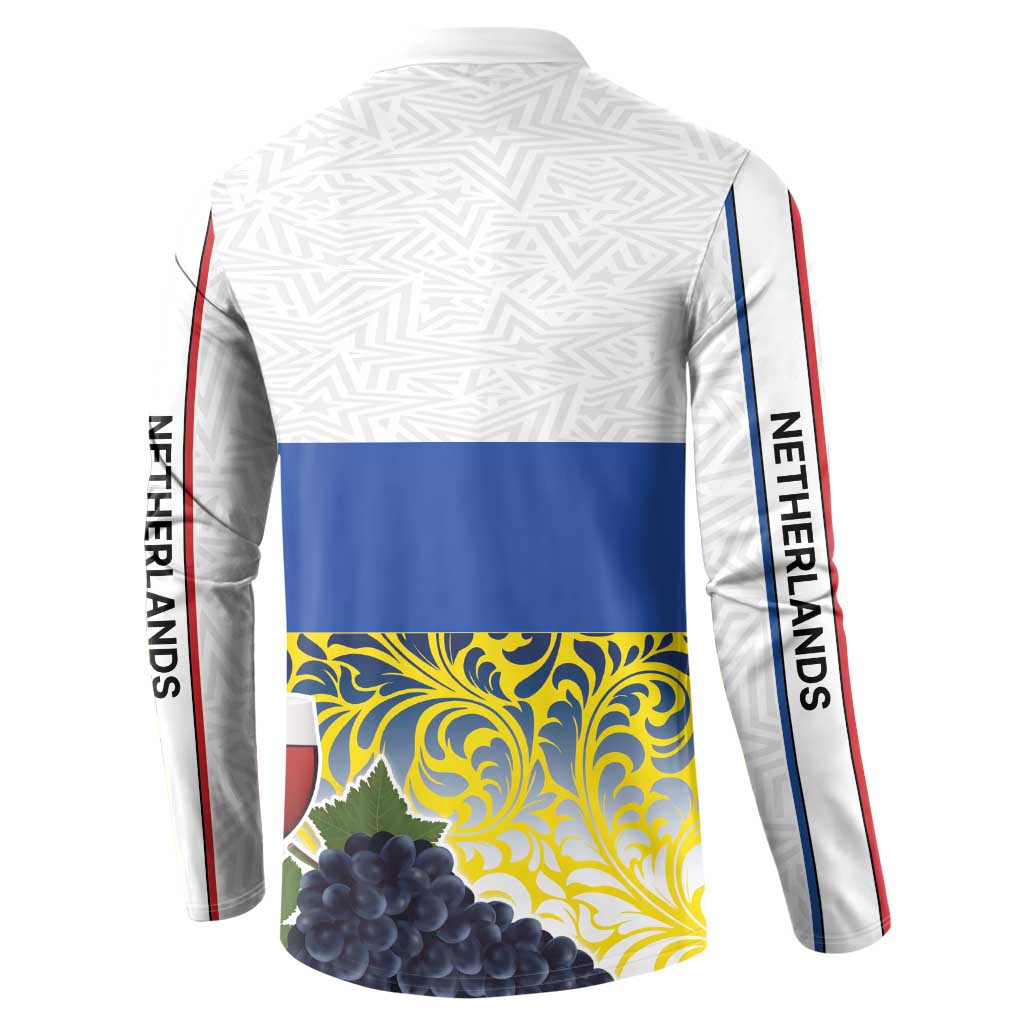 White button sweatshirt back with vertical NETHERLANDS text and Limburg flag graphic