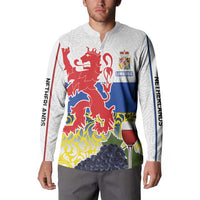Men's white button sweatshirt with Limburg lion, coat of arms, and blue-yellow flag panels