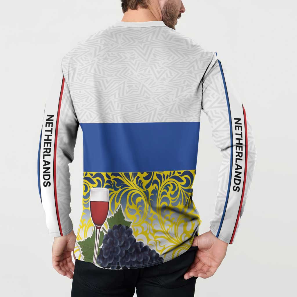 White button sweatshirt back with vertical NETHERLANDS text and blue stripe with grapes