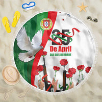 Round white beach blanket, 150cm, Portugal flag with dove, carnations, fringe edging