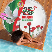 Round white beach blanket, 150cm, Portugal flag with dove, carnations and rifles, fringe