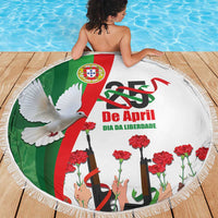 Round white beach blanket, 150cm, Portugal flag dove and carnations with fringed border