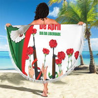 Round white beach blanket, 150cm, held up to show Portugal flag, dove, carnations, fringe