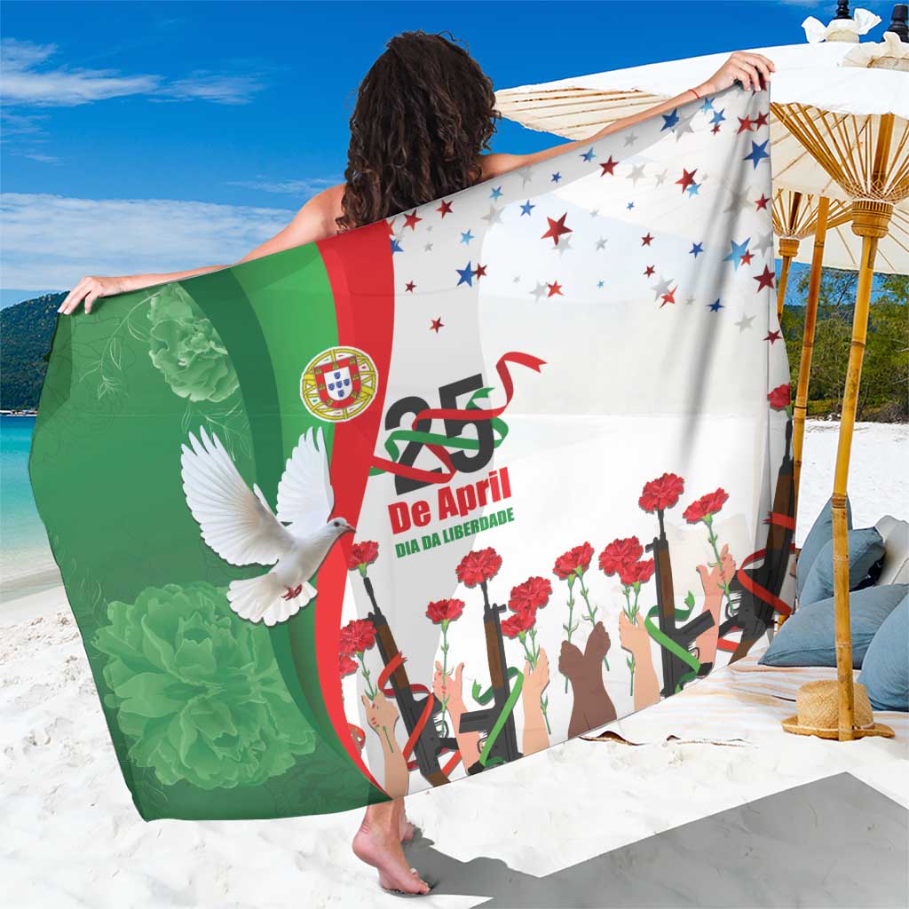 White Portugal April 25 sarong with red carnations, stars, and emblem graphic
