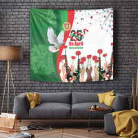 Multicolor freedom day wall tapestry with white dove, red carnations, and raised hands.