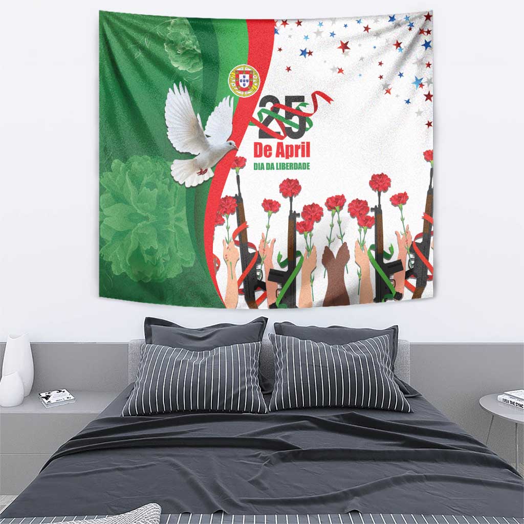 Multicolor wall tapestry featuring a white dove, red carnations, and a crowd reaching up.
