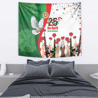Multicolor wall tapestry featuring a white dove, red carnations, and a crowd reaching up.