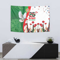 Multicolor freedom day wall hanging with white dove, red carnations, stars, and raised hands.