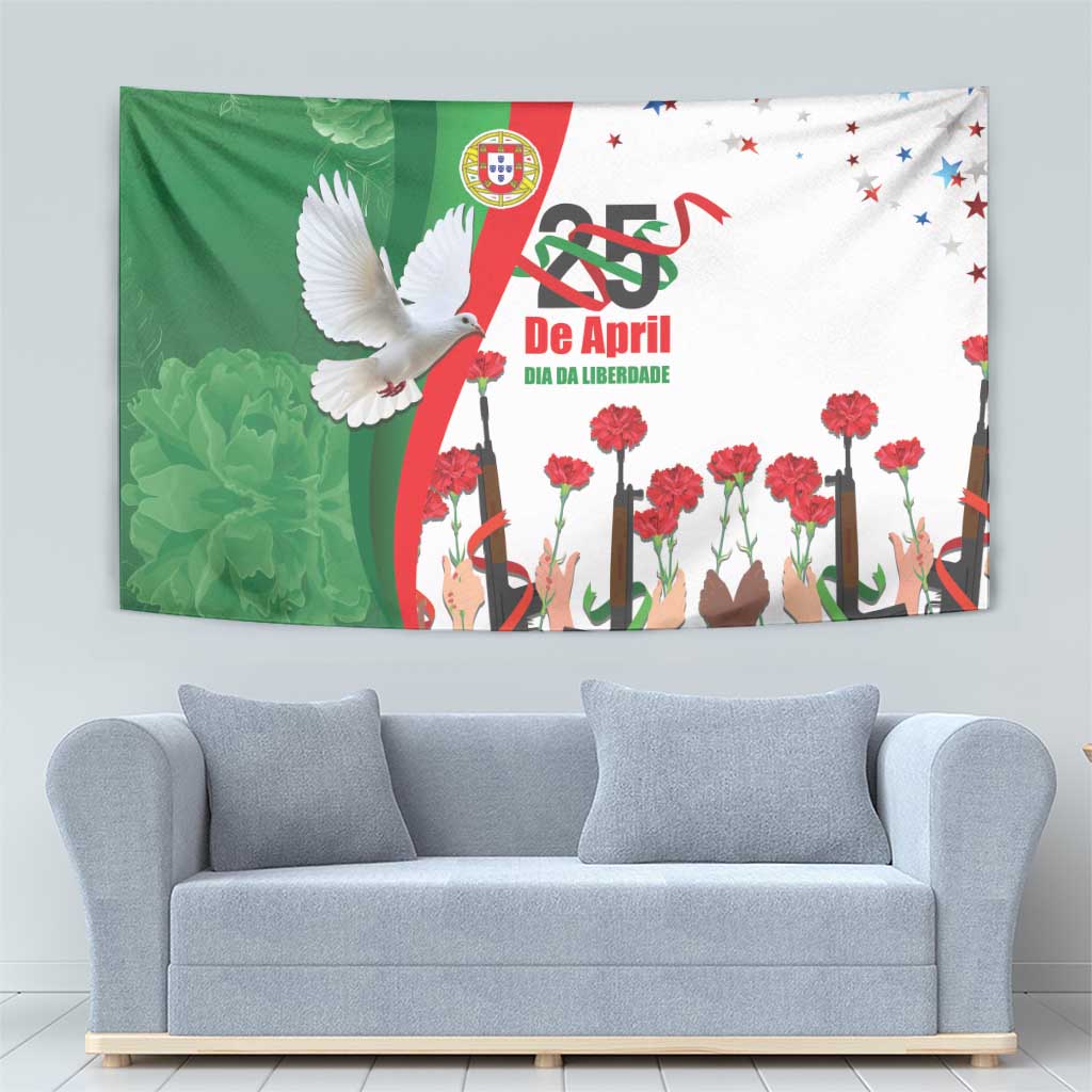 Multicolor wall tapestry with white dove, red carnations, and green-red-white flag colors.