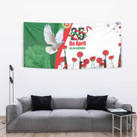 Multicolor freedom day tapestry with white dove, red carnations, and people holding up hands.