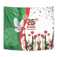 Multicolor close-up wall tapestry with white dove, red carnations, and “De Abril” text.