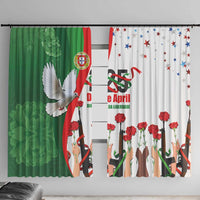 Green and white window curtains with red carnation flowers, dove, and flag-style motif on rod