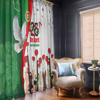 Patriotic window curtains in green and white with red carnations, dove and flag imagery, room view
