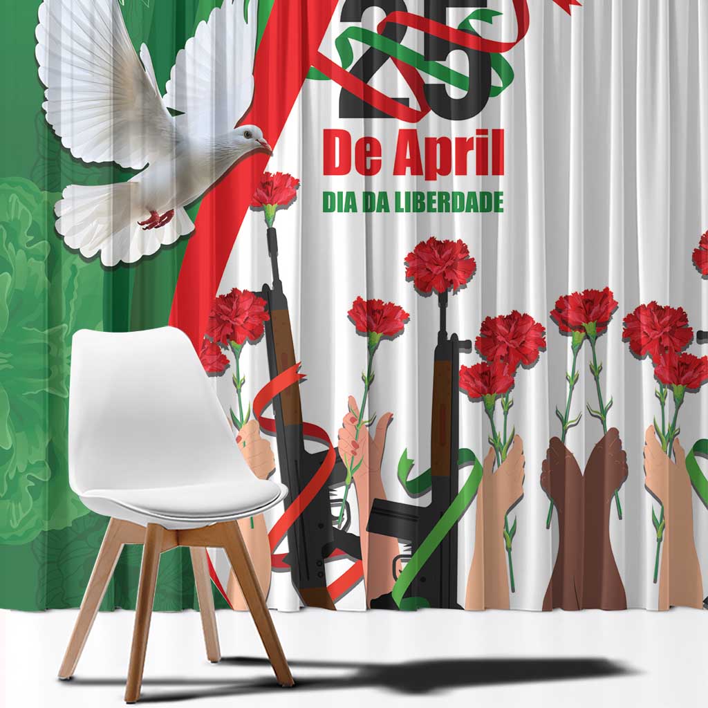 Close-up of green and white curtain fabric with dove, red carnations, and flag design